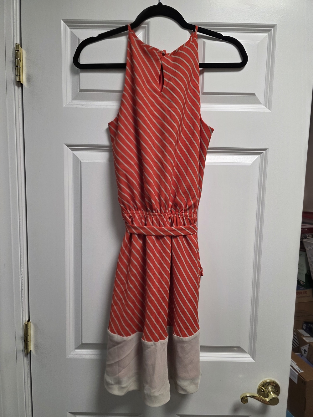 Express Coral Stripe Halter Fit & Flare Dress Tie Waist Keyhole Neckline | Sz S - Picture 9 of 12